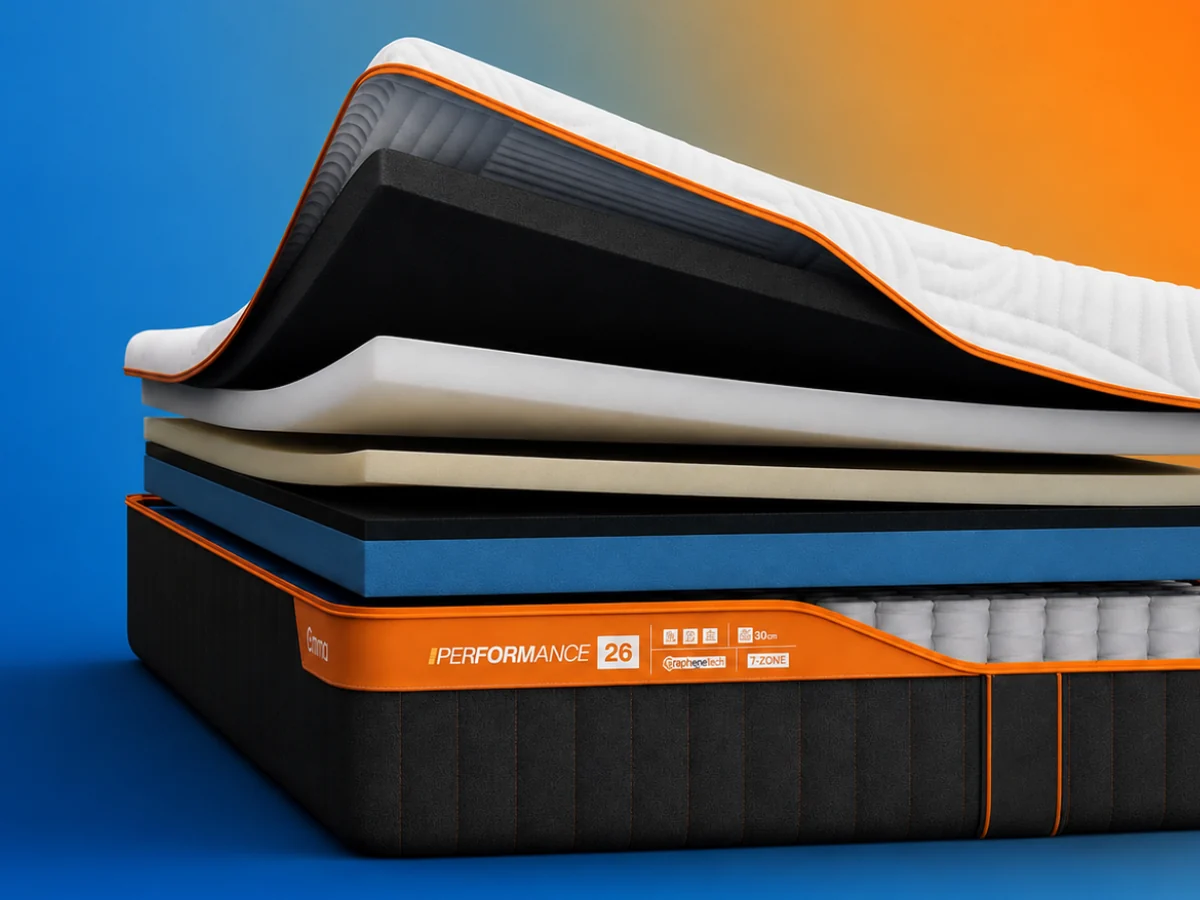 Emma Performance mattress cutaway showing layered foams above a spring core and dark orange-trimmed base