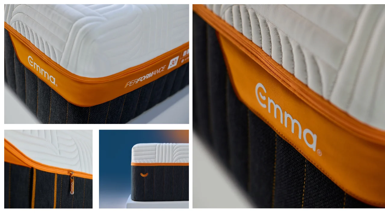 Close-up collage of Emma mattress quilting, orange piping, stitched dark side panels and zip detail